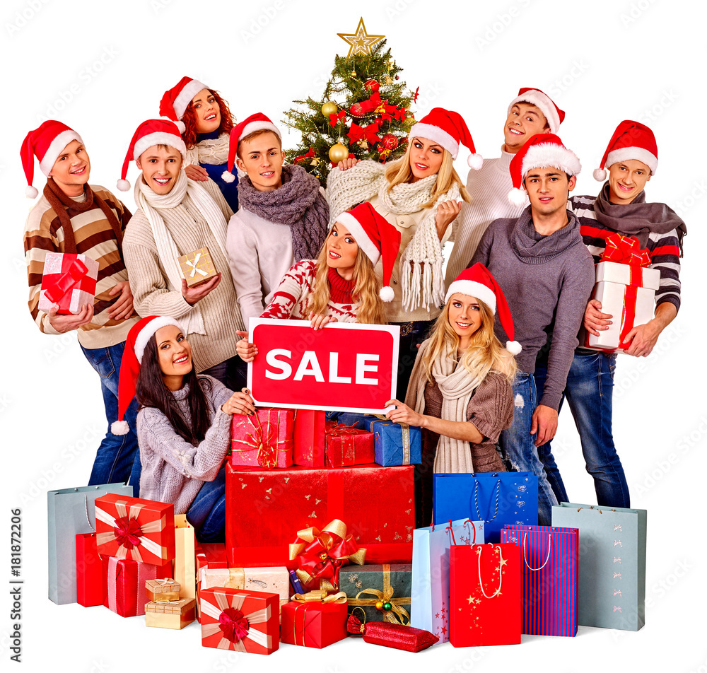 rotatie Toevlucht Opschudding Christmas friends women and men with shopping bag and gift box and Santa  Claus holding sale banner having fun together isolated. New year discounts.  Stock Photo | Adobe Stock