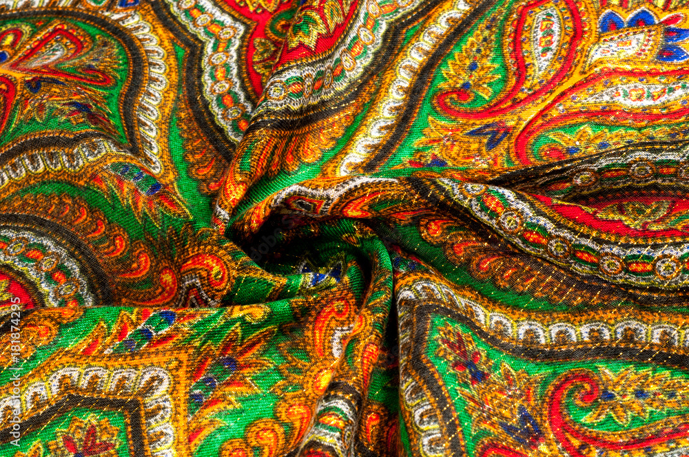 Texture, background, pattern. Woman's headscarf, shawl. Bright colors. Paisley. Indian themes. Fabric for clothes Fabric 100% silk. One Fashion Soft Women's Shawl Red Georgette Female Swarf