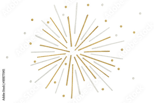 Gold and silver glitter firework paper cut on white background