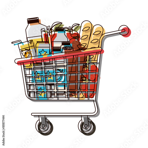 supermarket shopping cart with foods sausage and bread apples and drinks orange juice and water bottle and lacteal in watercolor silhouette