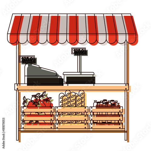 supermarket shelf with weighing machine and cash register and sunshade with foods in watercolor silhouette