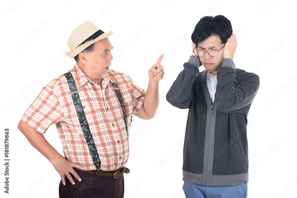 Senior furious father yelling at his son isolated on white background. Senior furious father yelling at his son isolated on white background.