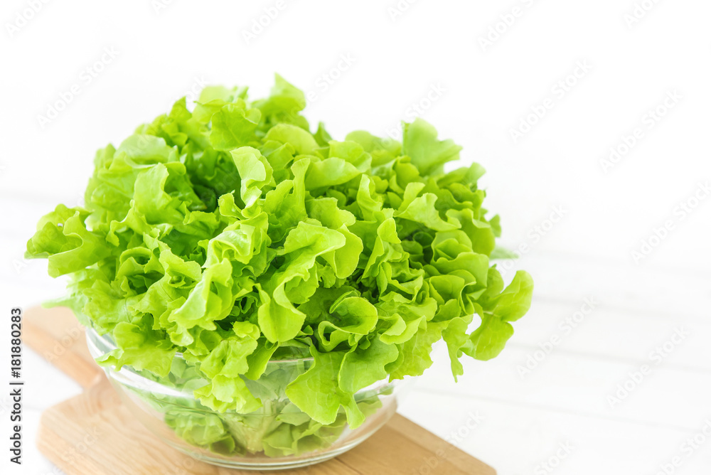 Fresh organic healthy green oak lettuce vegetable in a glass bowl Fresh organic healthy green oak lettuce vegetable in a glass bowl