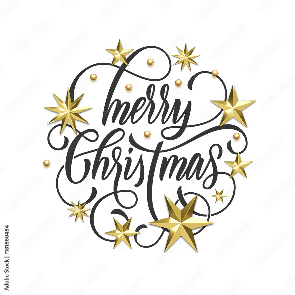 Fototapeta premium Merry Christmas golden decoration, hand drawn calligraphy font for greeting card or invitation on white background. Vector Christmas or New Year gold star and snowflake shiny winter holiday decoration