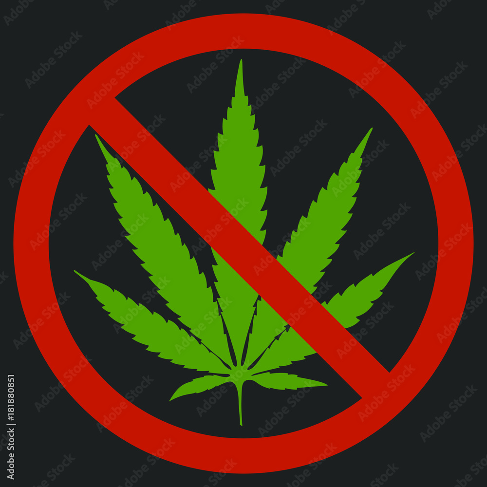Forbidden sign marijuana leaf glyph icon. Stop silhouette symbol. No cannabis. Negative space. Vector isolated illustration Black background, red circle, green leaf. Forbidden sign marijuana leaf glyph icon. Stop silhouette symbol. No cannabis. Negative space. Vector isolated illustration Black background, red circle, green leaf.
