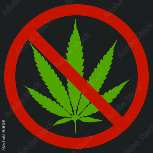 Forbidden sign marijuana leaf glyph icon. Stop silhouette symbol. No cannabis. Negative space. Vector isolated illustration Black background, red circle, green leaf.