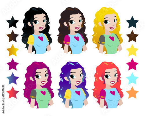 Teenager vectors girls head with different color hair. Character . Isolated against white background. Build your own design. Cartoon flat-style vector illustration