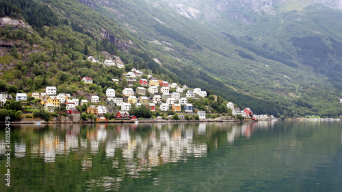 Colorful wooden houses on a hill in Odda on the Sorfjord, Norway
