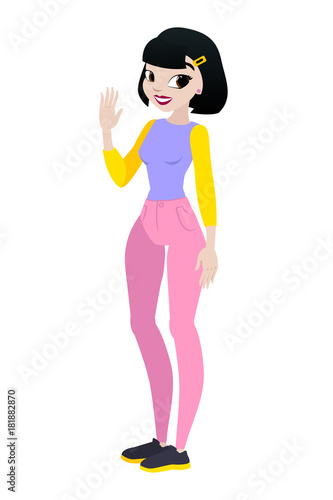 Teenager vector girl with black hair. Character . Isolated against white background. Build your own design. Cartoon flat-style vector illustration