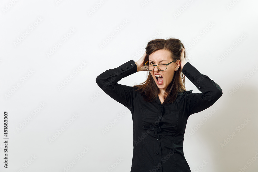 Beautiful European young sexy brown-haired woman in glasses for sight with healthy clean skin and charming smile, dressed in a dark black shirt enjoying on a white background. Emotions concept. Beautiful European young sexy brown-haired woman in glasses for sight with healthy clean skin and charming smile, dressed in a dark black shirt enjoying on a white background. Emotions concept.