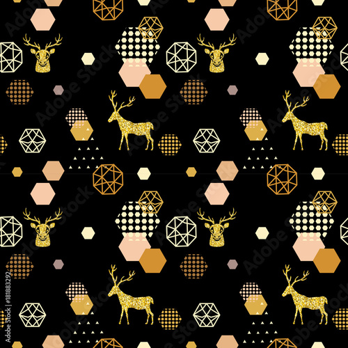 Reindeer geometric trendy seamless pattern with animal silhouette, gold metal texture, winter holidays scandinavian minimal pattern, invitation vector background