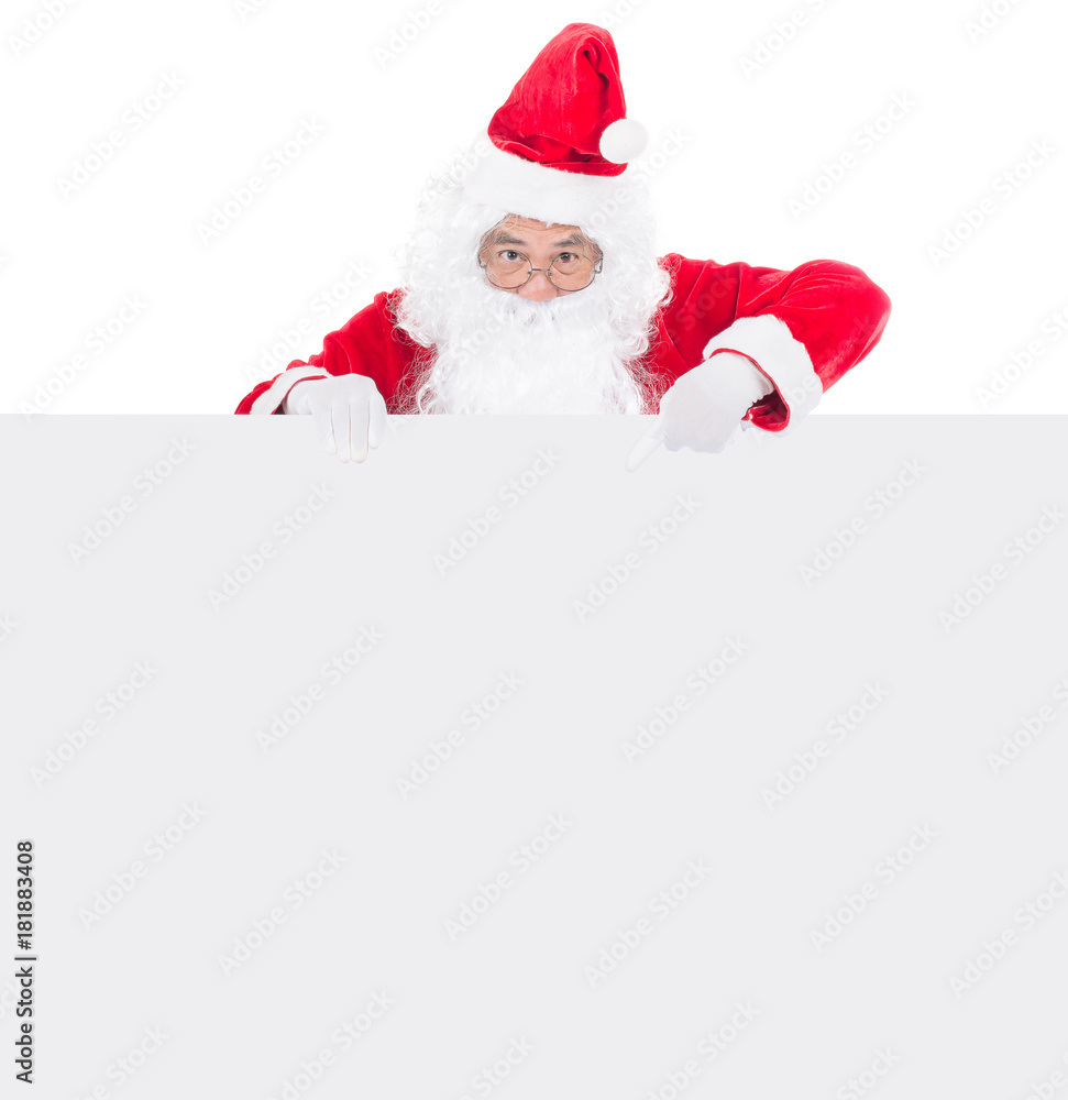Close up of Santa with a banner isolated on white background Close up of Santa with a banner isolated on white background