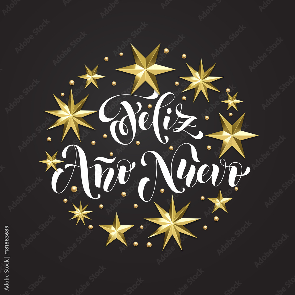 Feliz Ano Nuevo Spanish Happy New Year holiday golden decoration, calligraphy font for Xmas greeting card or invitation on white background. Vector Christmas gold star and snowflake shiny decoration Feliz Ano Nuevo Spanish Happy New Year holiday golden decoration, calligraphy font for Xmas greeting card or invitation on white background. Vector Christmas gold star and snowflake shiny decoration