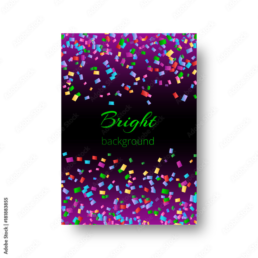The design of the cover of the catalog with bright confetti on the violet backdrop for the New Year's decoration