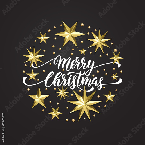 Merry Christmas holiday golden decoration  hand drawn calligraphy font for greeting card or invitation on white background. Vector Christmas or New Year gold star and snowflake shiny decoration