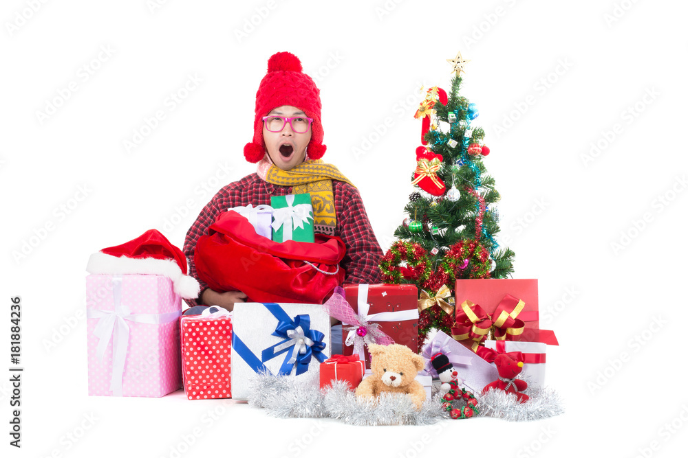 Happy man with Bear,Presents and Christmas decoration isolated on white background.