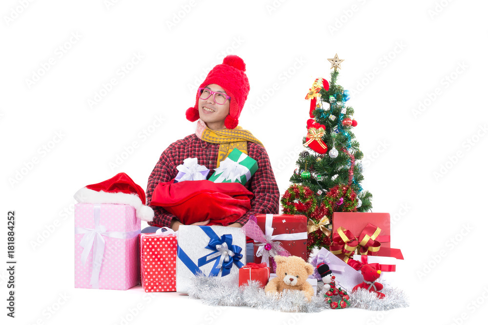 Happy man with Bear,Presents and Christmas decoration isolated on white background. Happy man with Bear,Presents and Christmas decoration isolated on white background.