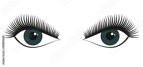 Couple of green female beautiful stilized eyes with long attractive eye lashes looking forward. Eye and eyelash logo for beauty salon advertising, template
