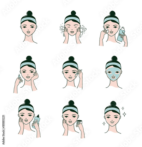 Skin care routine, woman face with a different facial procedures banner