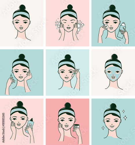 Skin care routine, woman face with a different facial procedures banner
