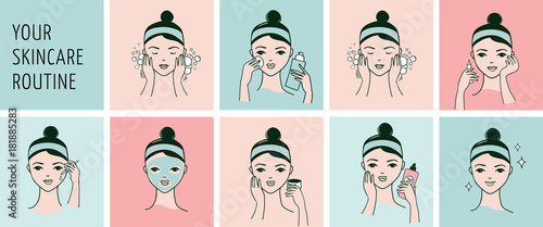 Skin care routine, woman face with a different facial procedures banner