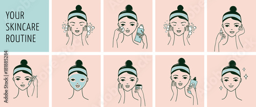 Skin care routine, woman face with a different facial procedures banner