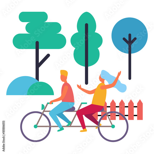 Boy and Girl on Double Bike Isolated Illustration