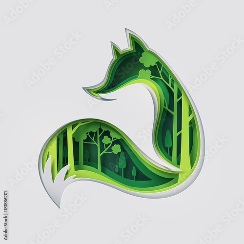 Paper art carve to fox and see through forest, origami concept nature and animals idea
