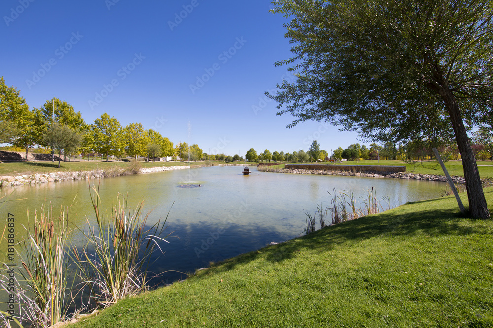 lake and park with fountain, ducks and green grass in Valdeluz town, near Guadalajara, Spain, Europe
