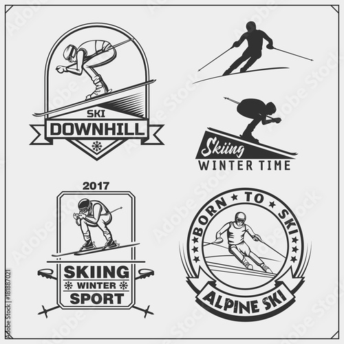 Set of winter sports emblems, labels and design elements. Skiing, downhill, slalom.