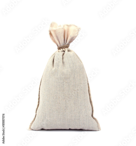 bag from a sacking isolated on white background. Filled and tied with rope. close-up. photo