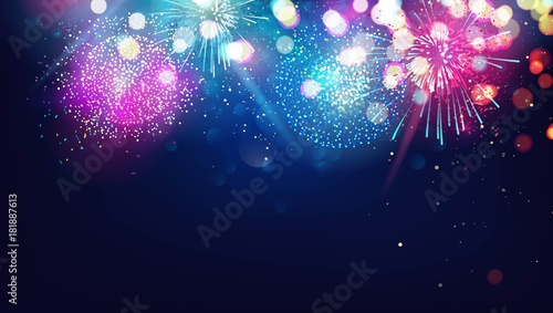 Fotografia Abstract new year background with colorful fireworks and christmas lights