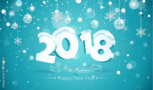 Happy new year 2018 Text Design. 2018 snow number illustration. Happy holidays banner with snowflakes and icicles isolated on blue sparkling background. Greeting card. Vector illustration.