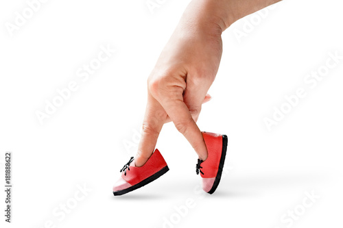 woman hand finger walking with shoe  isolated on white background concept 