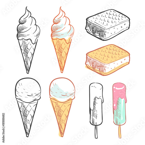 Outline and colorful sketch ice cream collection