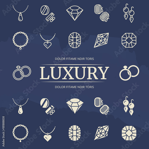 Jewelry and diamonds line and silhouette icons set on grunge background