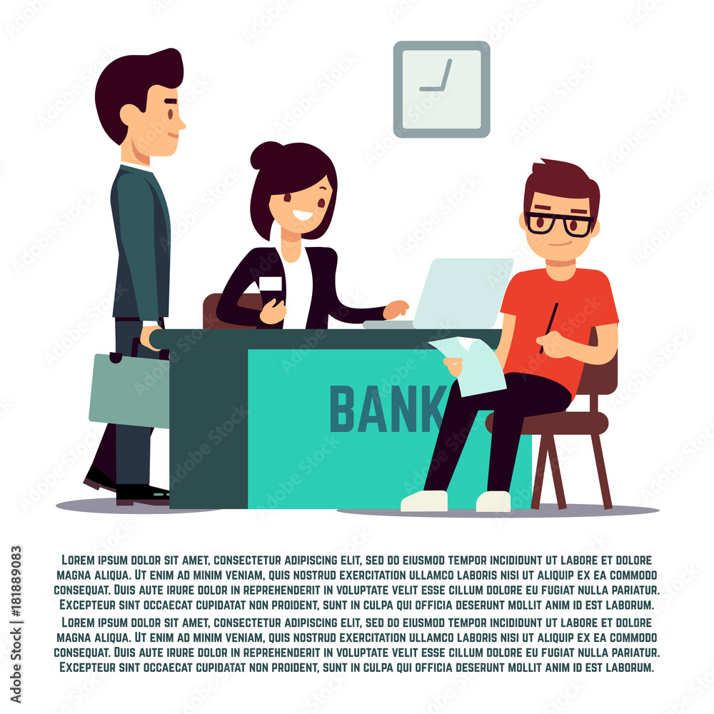 Man in bank flat illustration - vector banking service Man in bank flat illustration - vector banking service