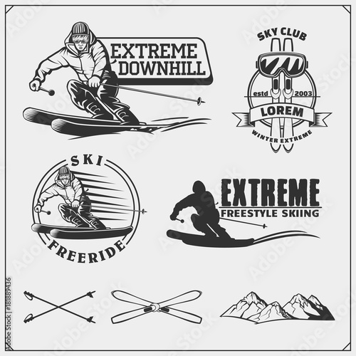 Extreme Downhill and Ski club emblems, labels and design elements.