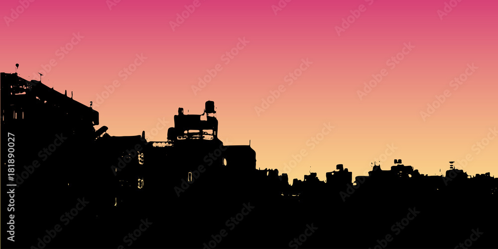 Vector city landscape silhouette. Realistic on night and evening sky. Outdoor cities scene, urban buildings on pink and yellow sky. flat style. Modern city landscape.