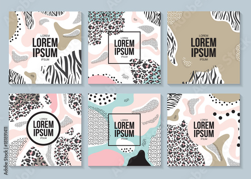  Cover design with geometric elements set. Retro style pattern. Modern fashion design poster. Memphis style cards. Vector Illustration. 