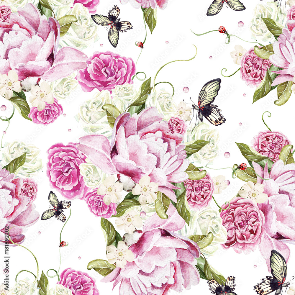 Beautiful watercolor pattern with peony and rose flowers. Butterflies and green leaves. 