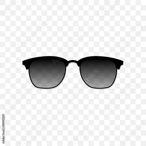 Realistic sunglasses with a translucent black glass on a transparent background. Protection from sun and ultraviolet rays. Fashion accessory vector illustration.