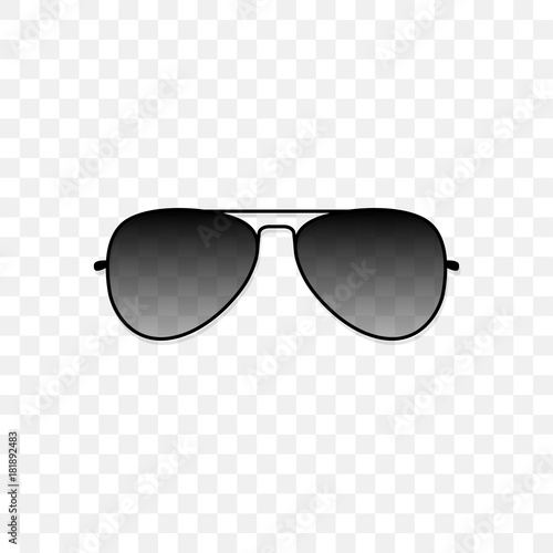 Realistic sunglasses with a translucent black glass on a transparent background. Protection from sun and ultraviolet rays. Fashion accessory vector illustration.