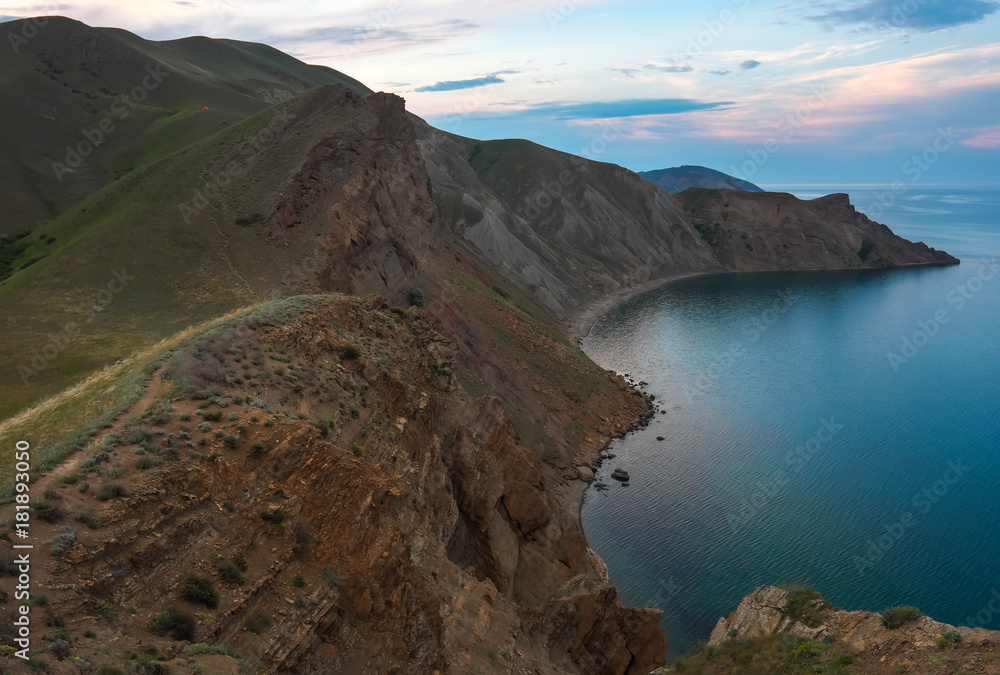 Naklejka premium Sea spring bay. View from the mountain. Nature composition.