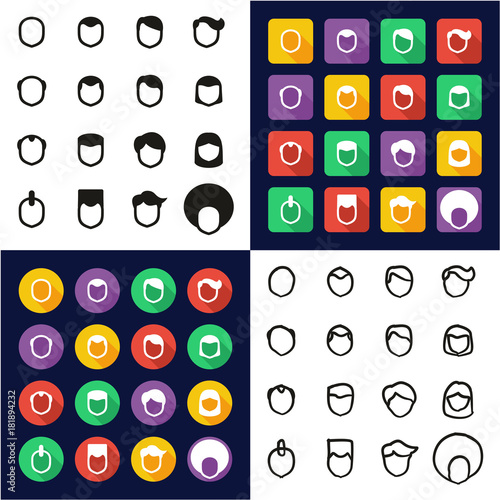 Male Haircut All in One Icons Black & White Color Flat Design Freehand Set