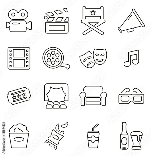 Movie Making or Movie Industry & Cinema Icons Thin Line Vector Illustration Set