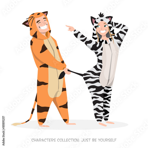 Guy with girl at home pajamas fun.
