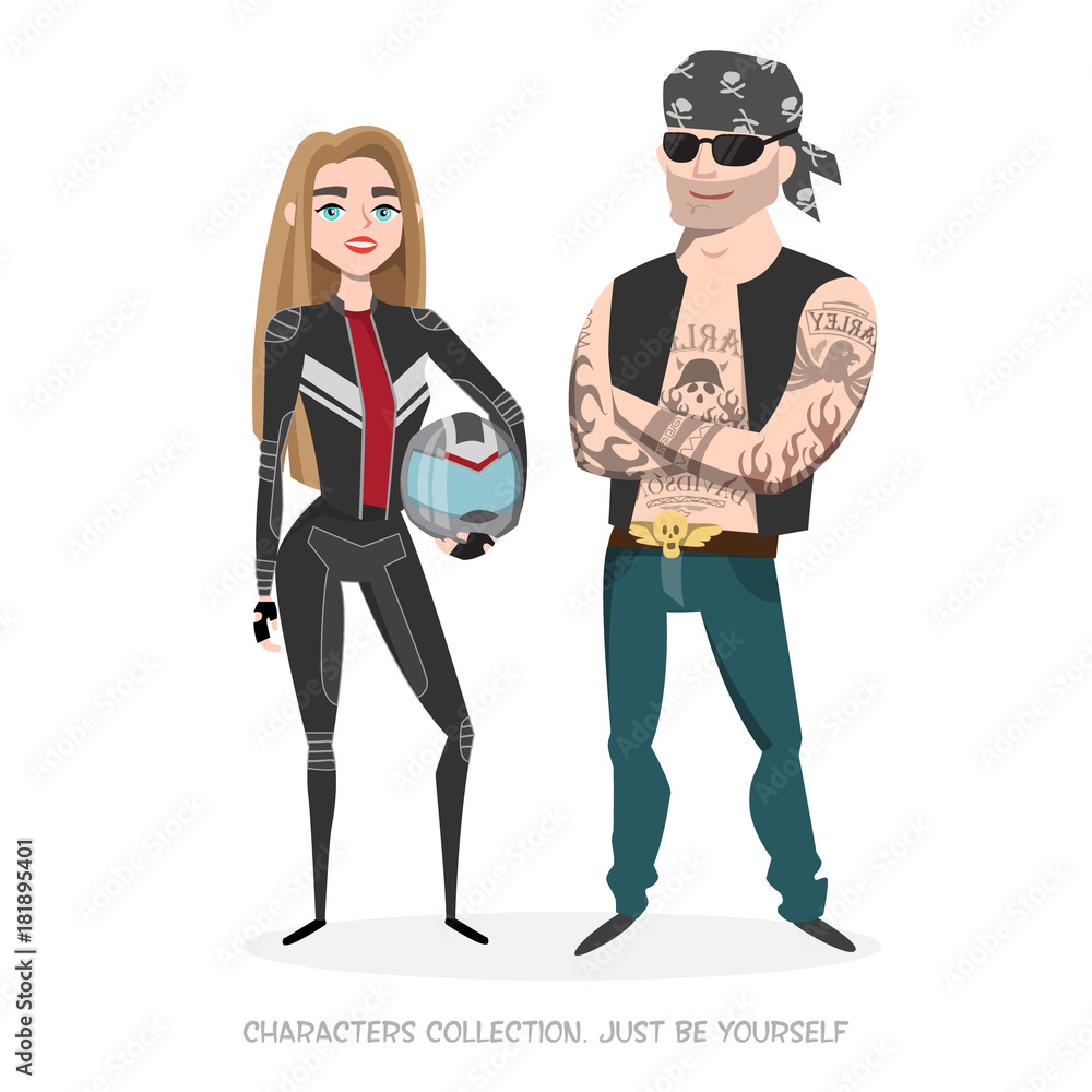Male and female motorcyclists. A couple of bikers. Male and female motorcyclists. A couple of bikers.