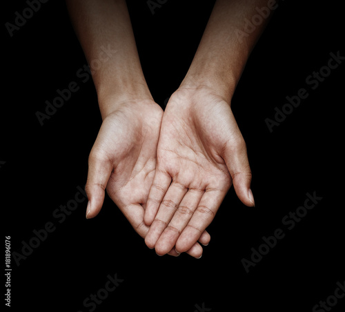 woman cupped hand in black background with clipping path