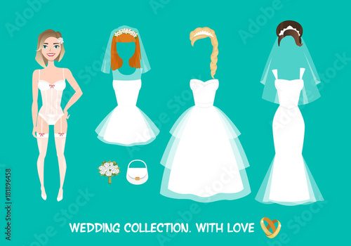 Set of clothes for the bride in cartoon style.